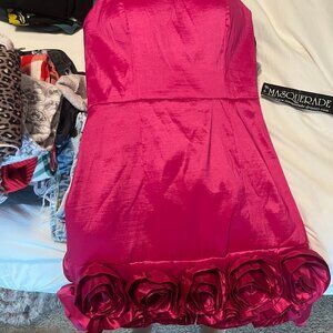 Hot pink strapless cocktail dress with rosette hem – Masquerade